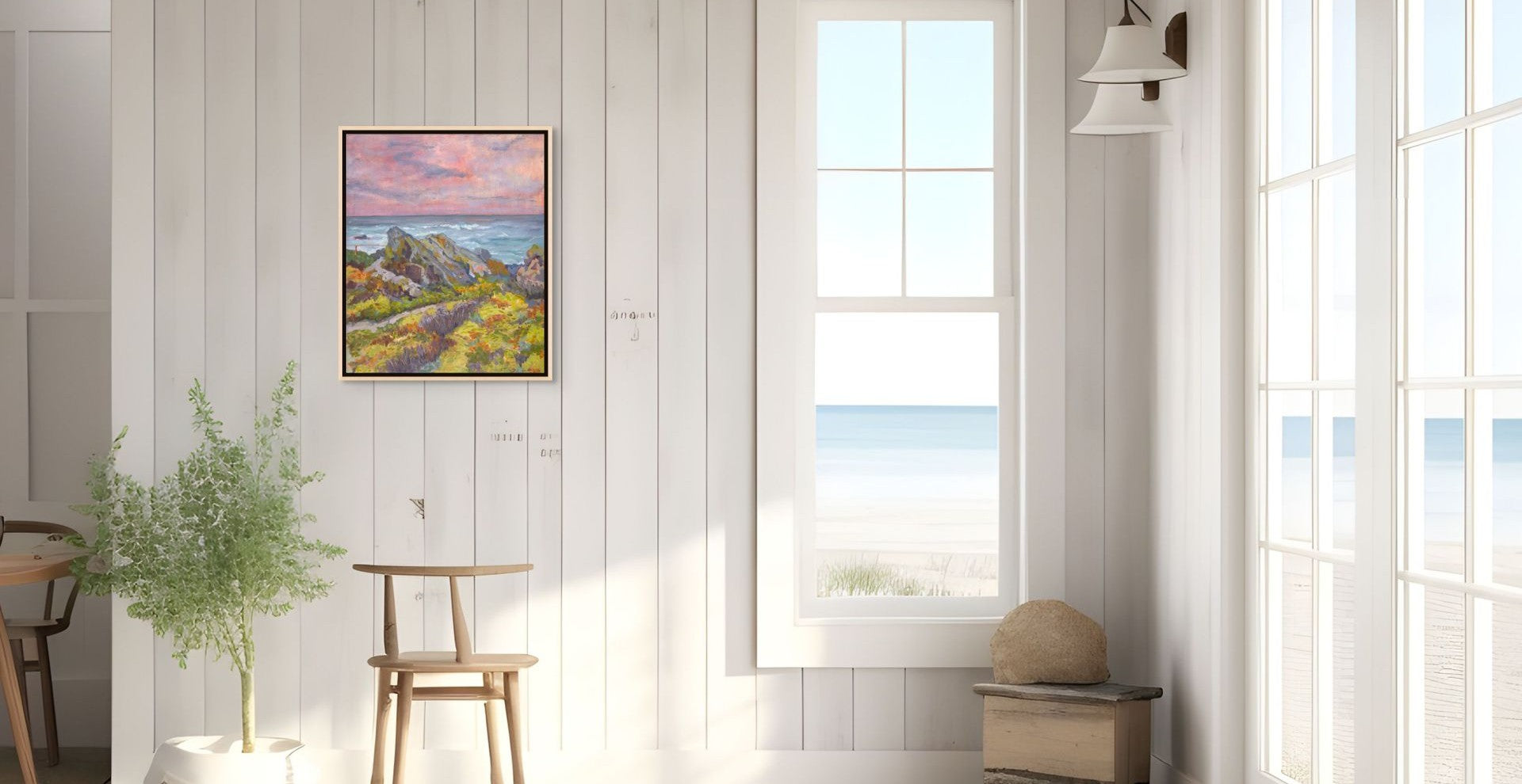 "Restless Rocks original oil painting close-up on a shiplap wall, by Sally Herriott"
