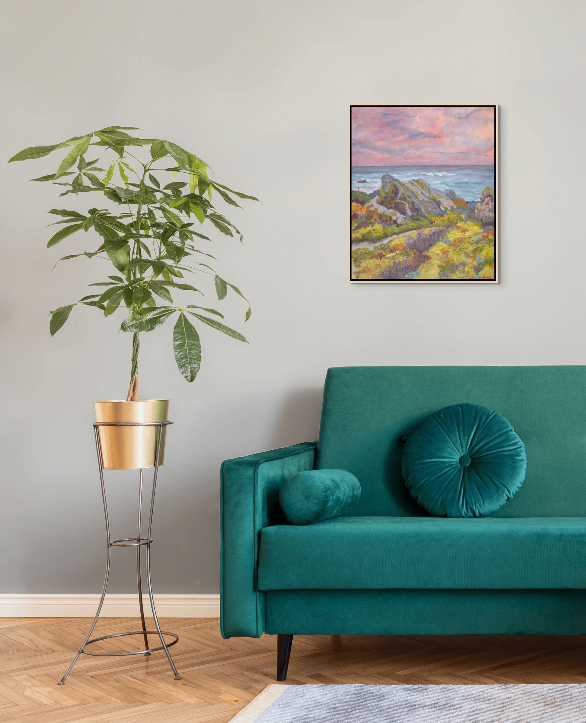 Restless rocks original oil painting above a teal sofa, Monterey California, by Sally Herriott"