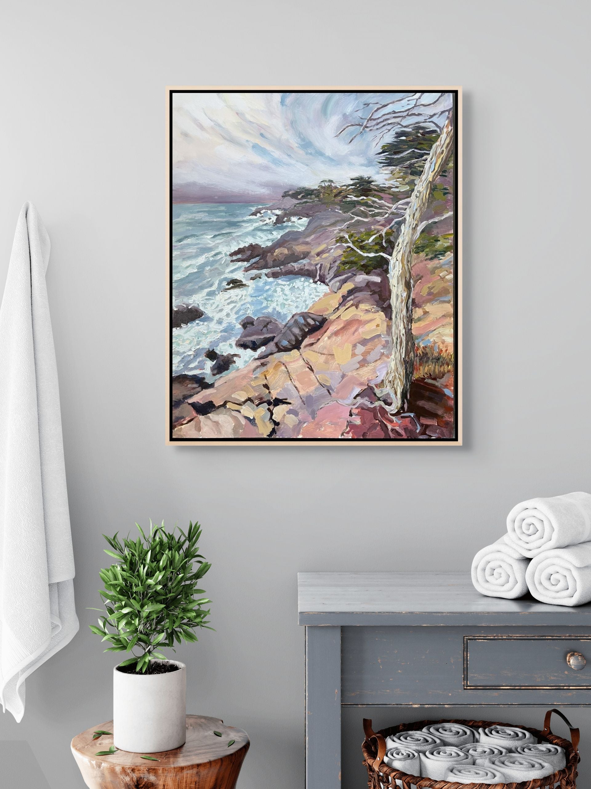  "Sentinel by the Sea original oil painting displayed in a bathroom, by Sally Herriott"