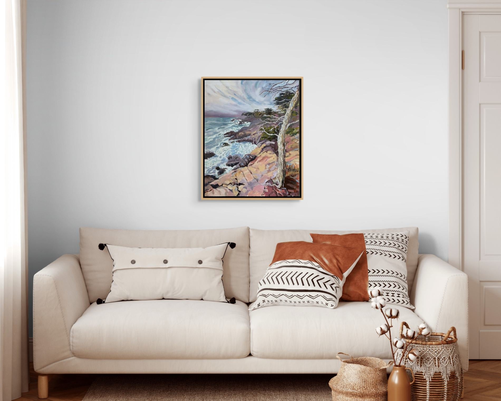  "Sentinel by the Sea original oil painting above a cosy cream couch, by Sally Herriott"