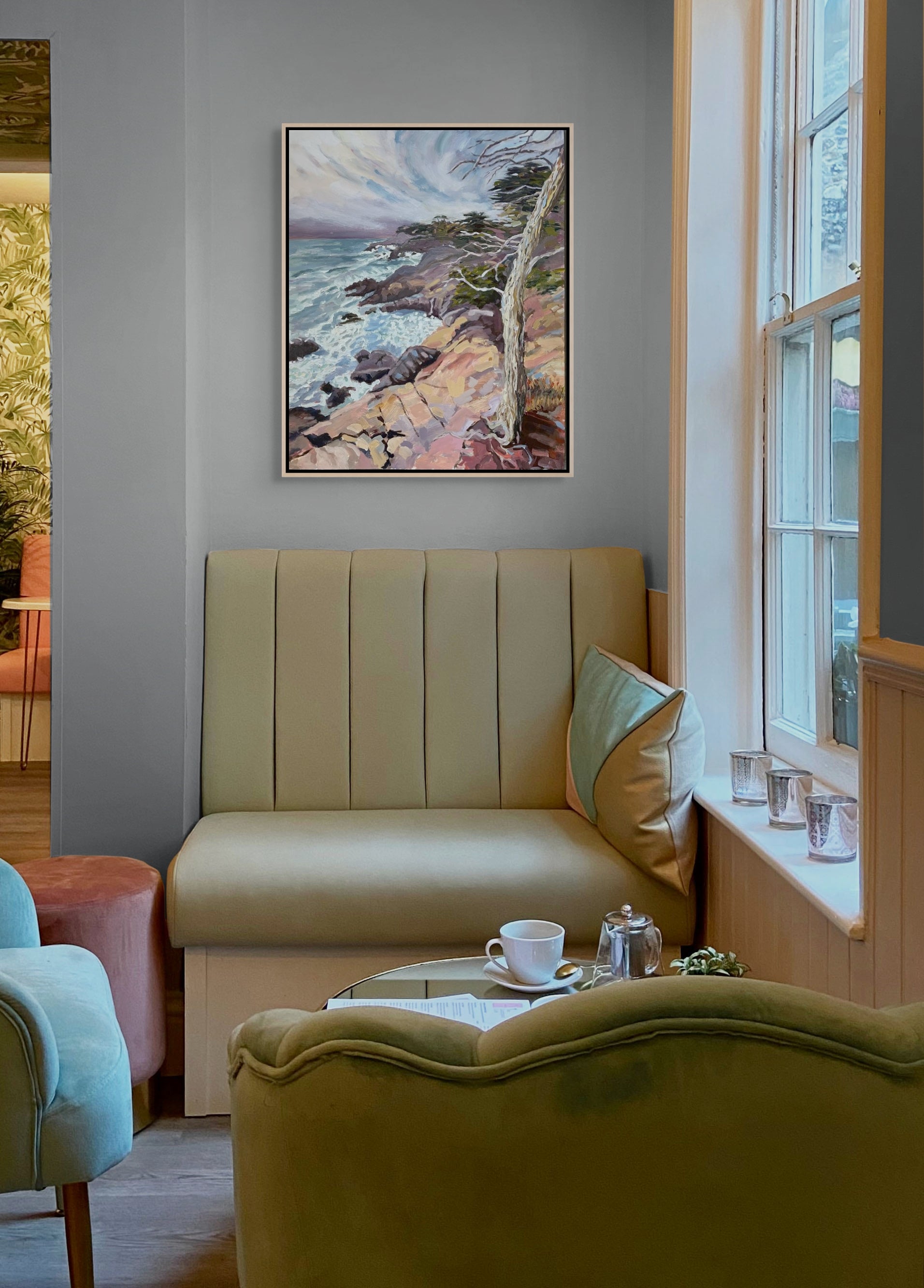 "Sentinel by the Sea original oil painting in a cosy tea corner, by Sally Herriott"