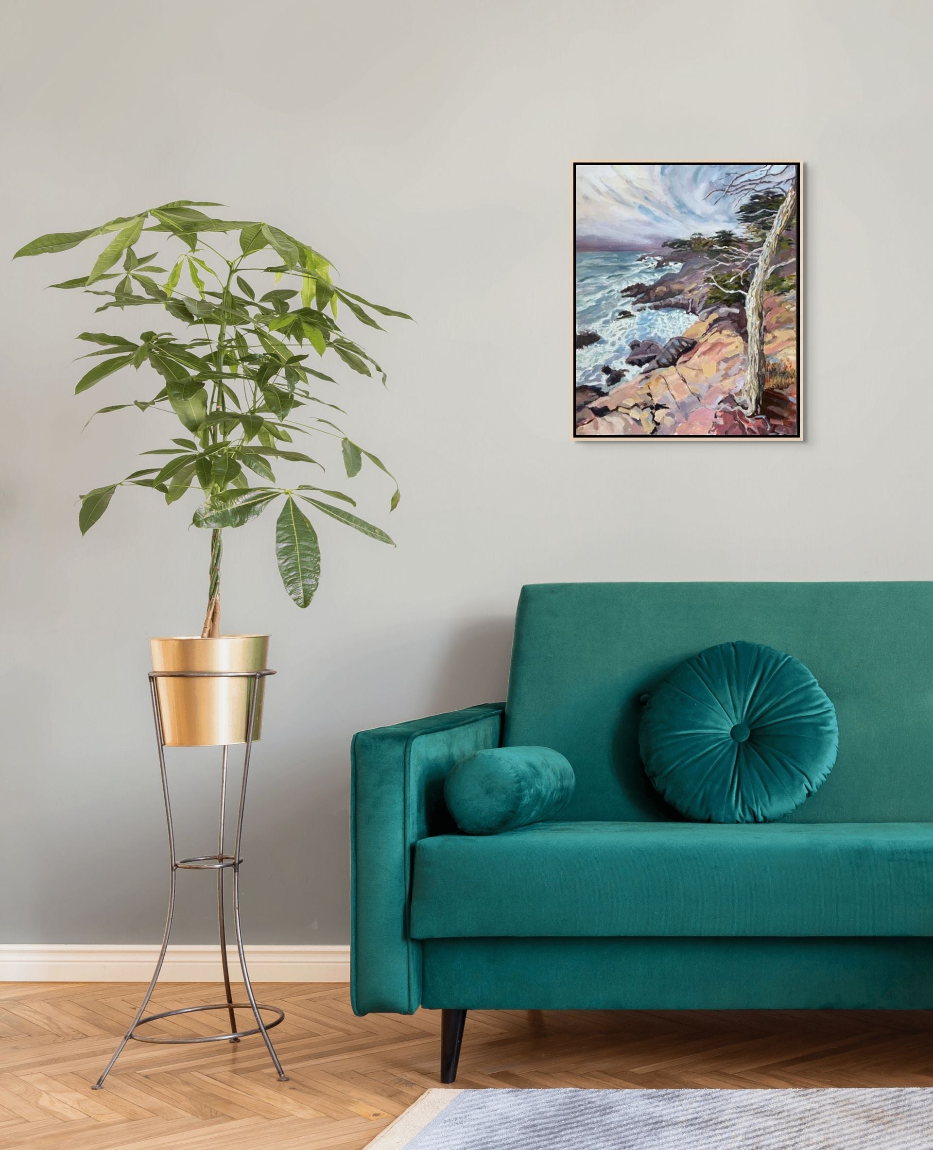 "Sentinel by the Sea original oil painting above a teal sofa, by Sally Herriott"