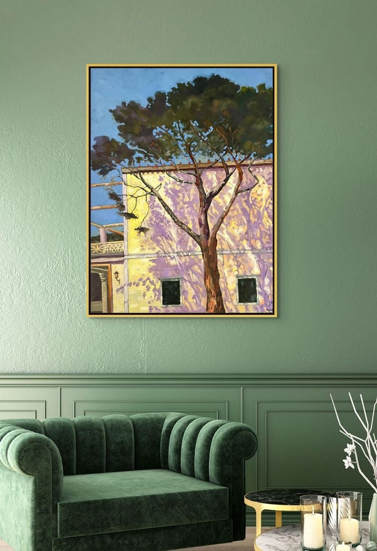 "Shadows of Herculaneum original oil painting above a green chair, by Sally Herriott"