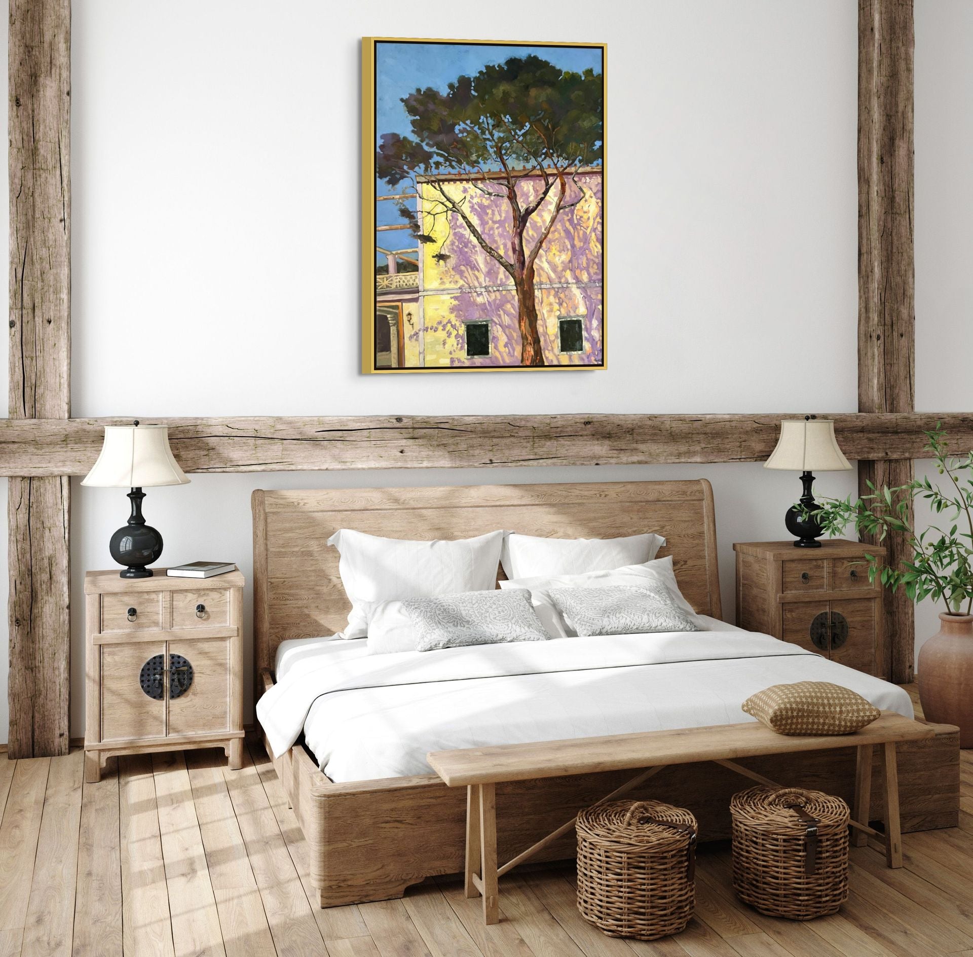 "Shadows of Herculaneum original oil painting in a sunlit bedroom, by Sally Herriott"