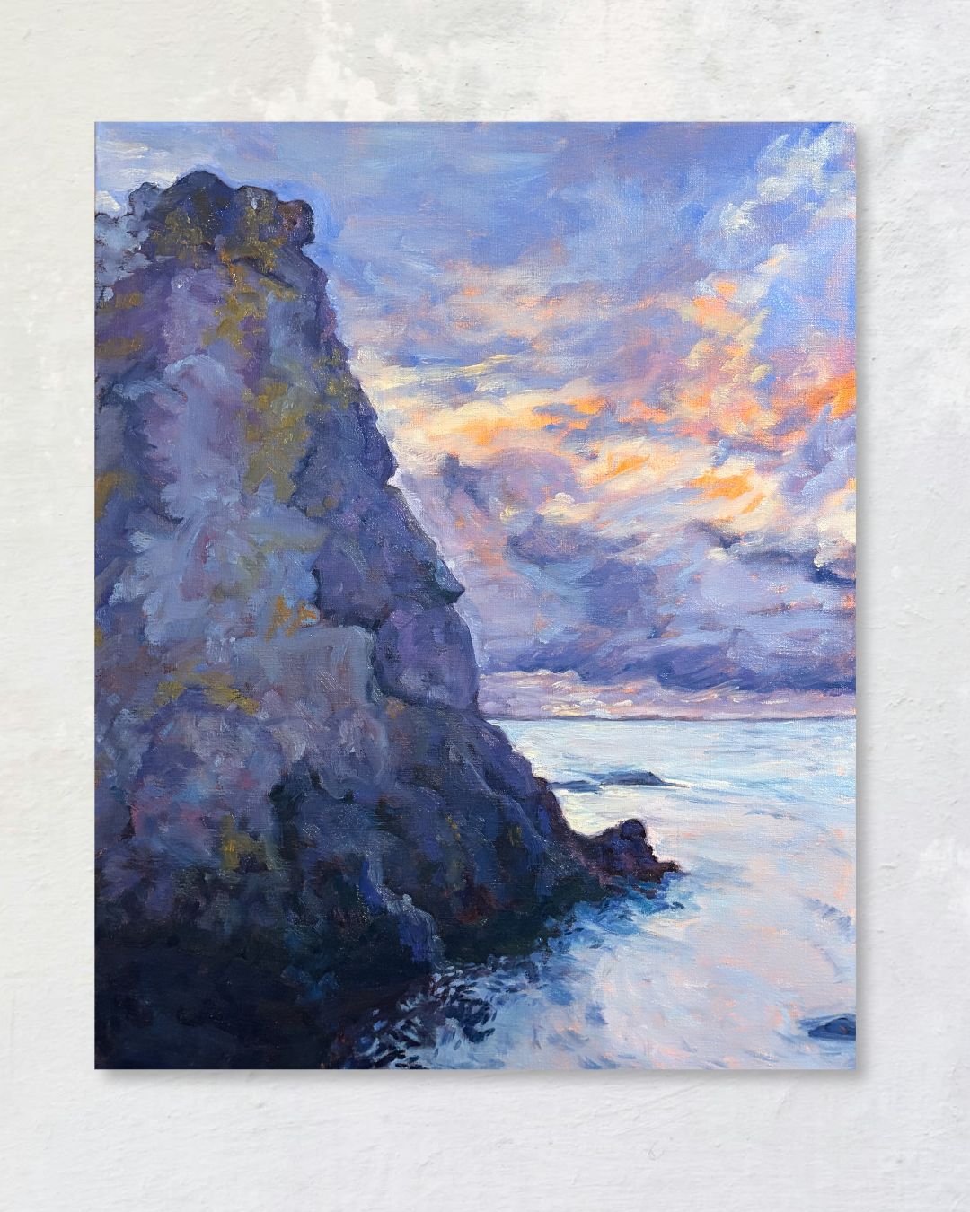 "Stone Giant original oil painting, solitary rauk sea stack rising from calm Baltic water, Gotland Sweden, by Sally Herriott"
