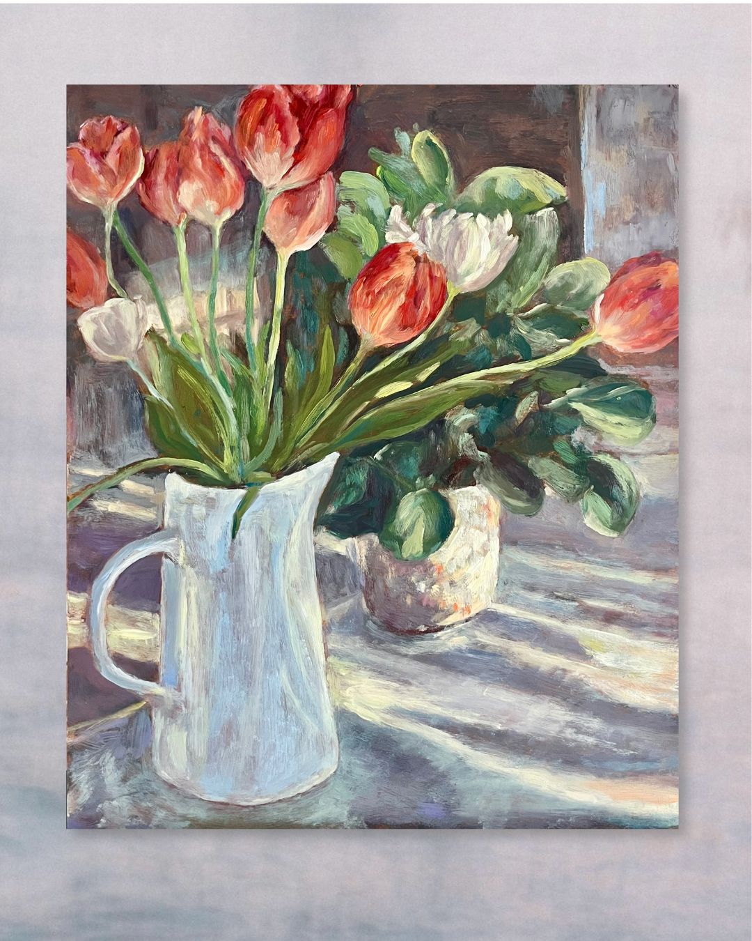 "Sunlit Tulips original still life oil painting, tulips in sunlight, Sweden, by Sally Herriott"