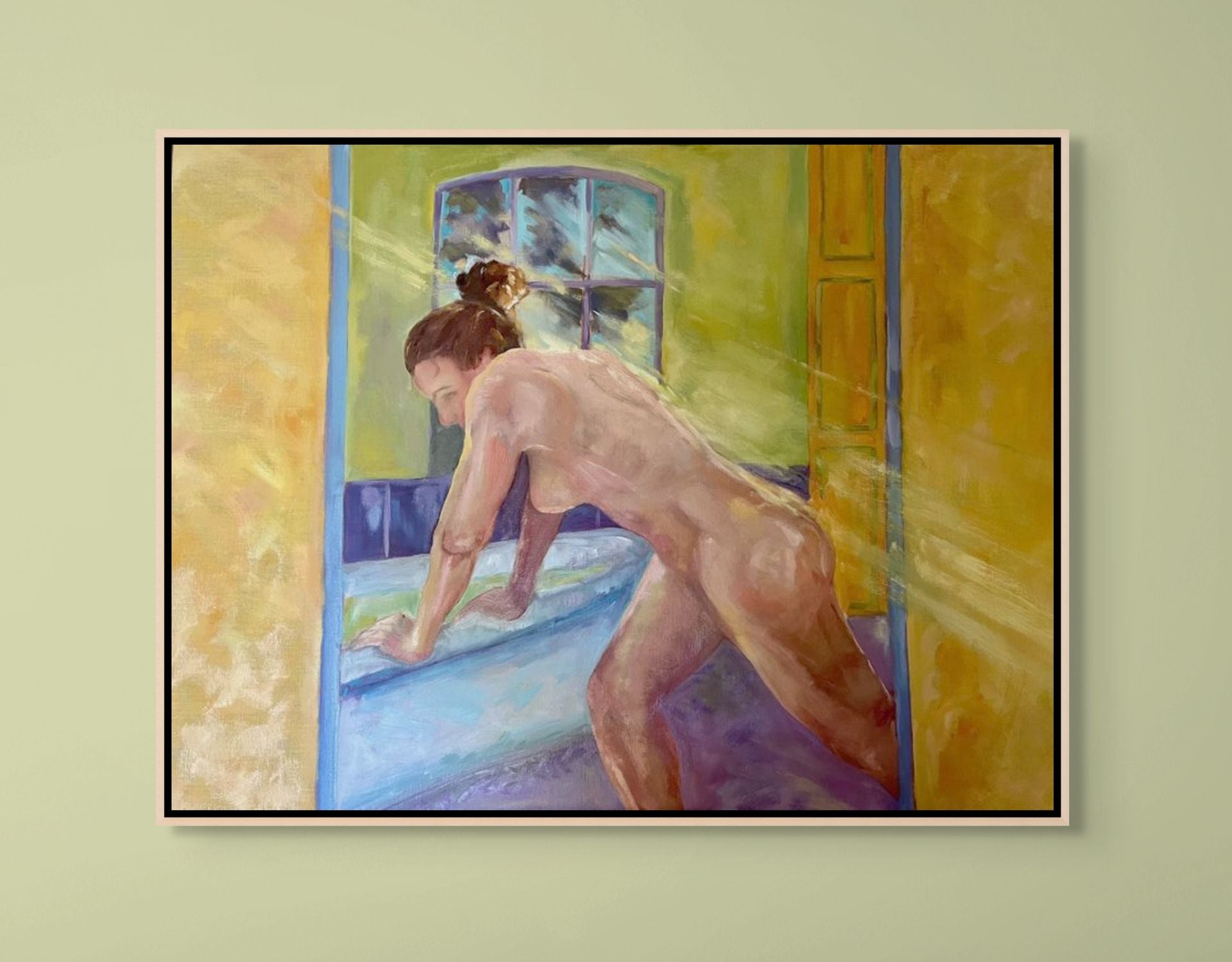 "Sunlit Bather original oil painting against a pale green wall