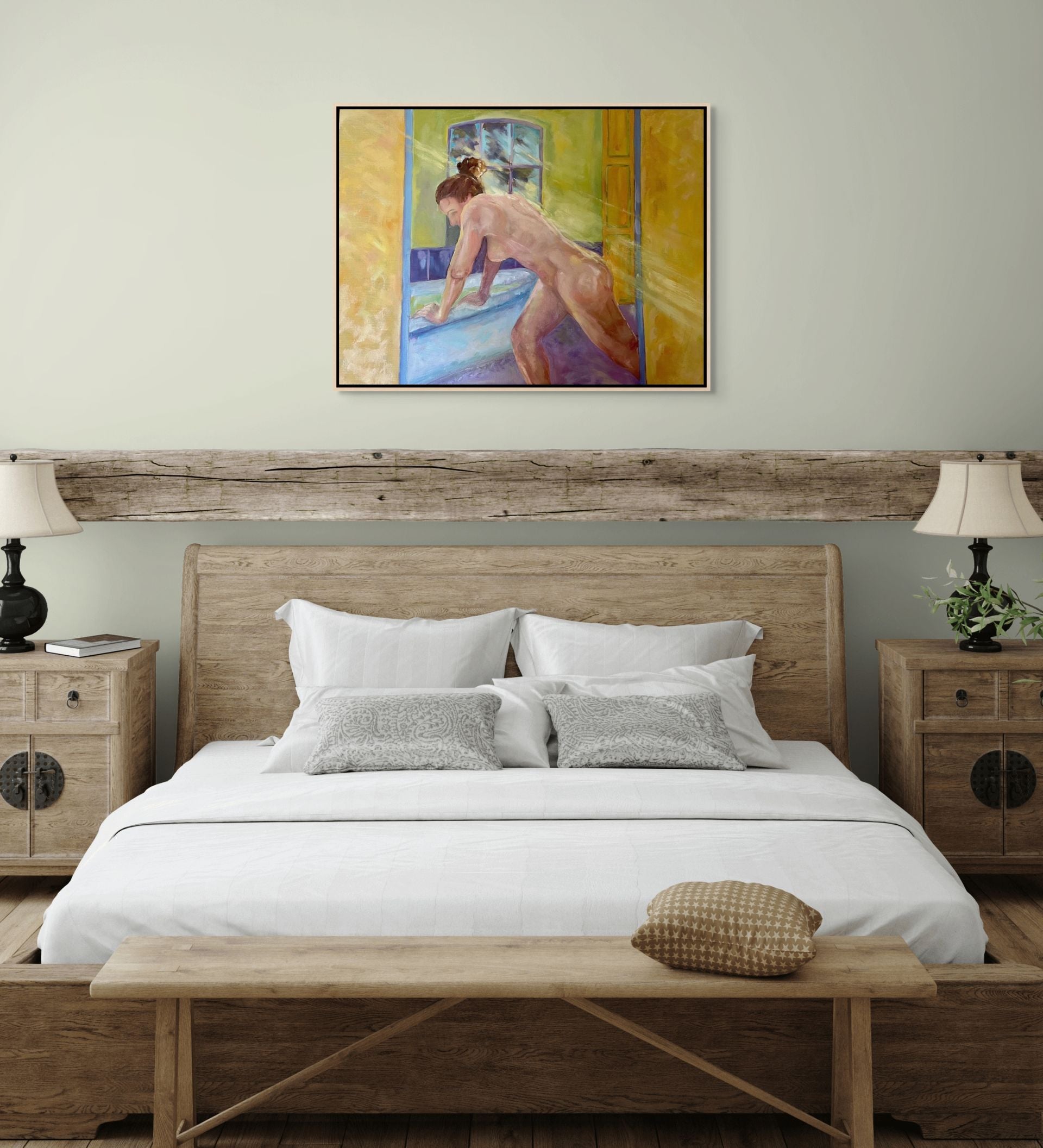 "Sunlit Bather original oil painting in a soft bedroom setting, by Sally Herriott"