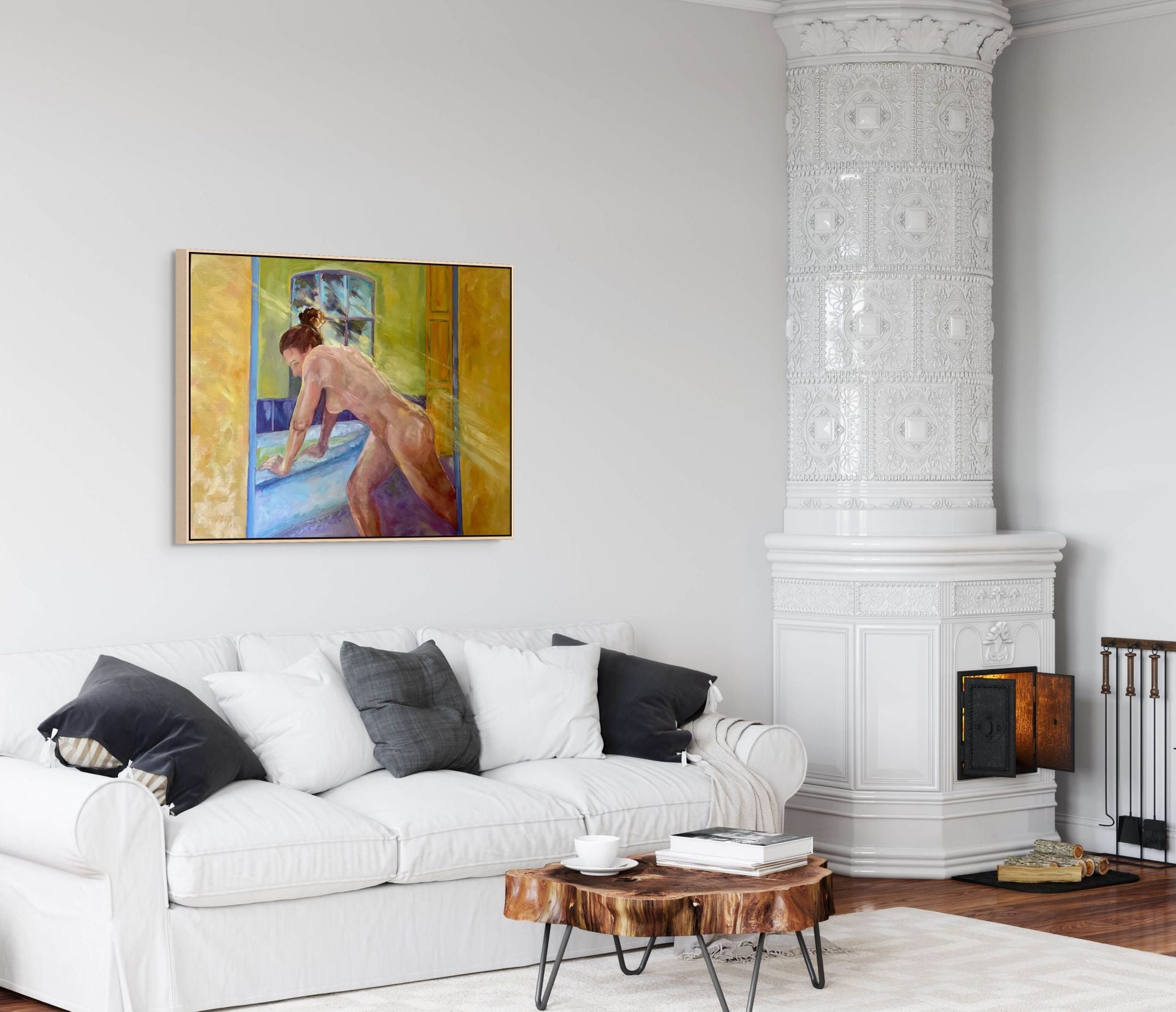 "Sunlit Bather original oil painting in a white lounge, by Sally Herriott"