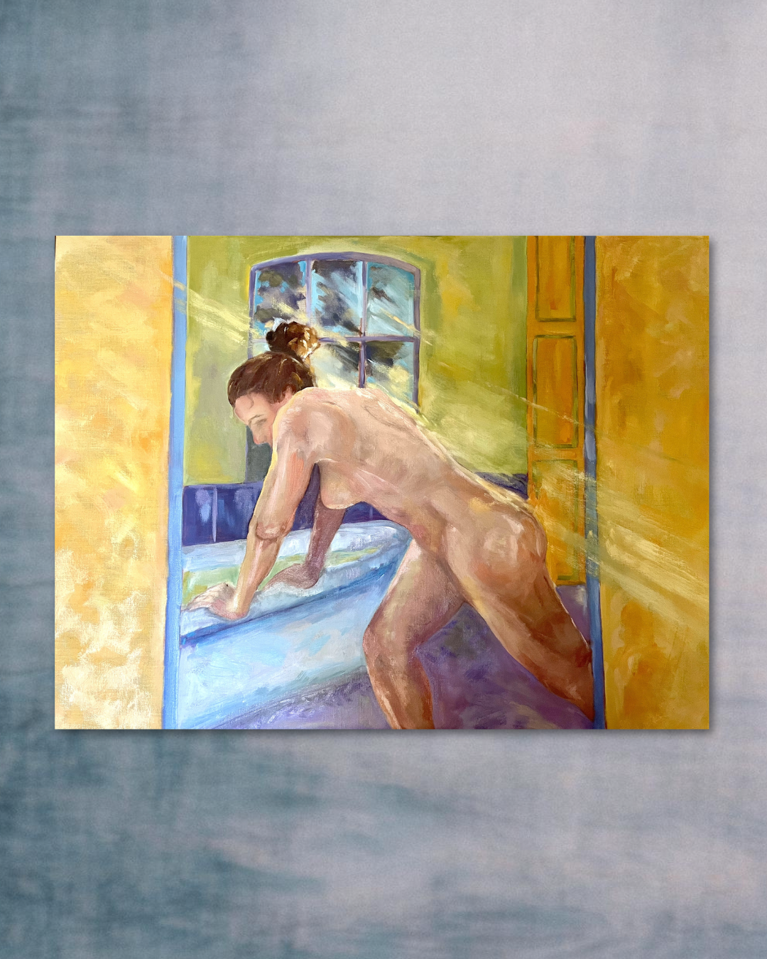 "Sunlit Bather large original figurative oil painting, figure in sunlight, Sweden, by Sally Herriott"