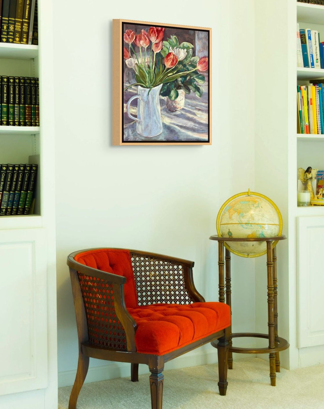 "Sunlit Tulips original still life oil painting in a library, by Sally Herriott"