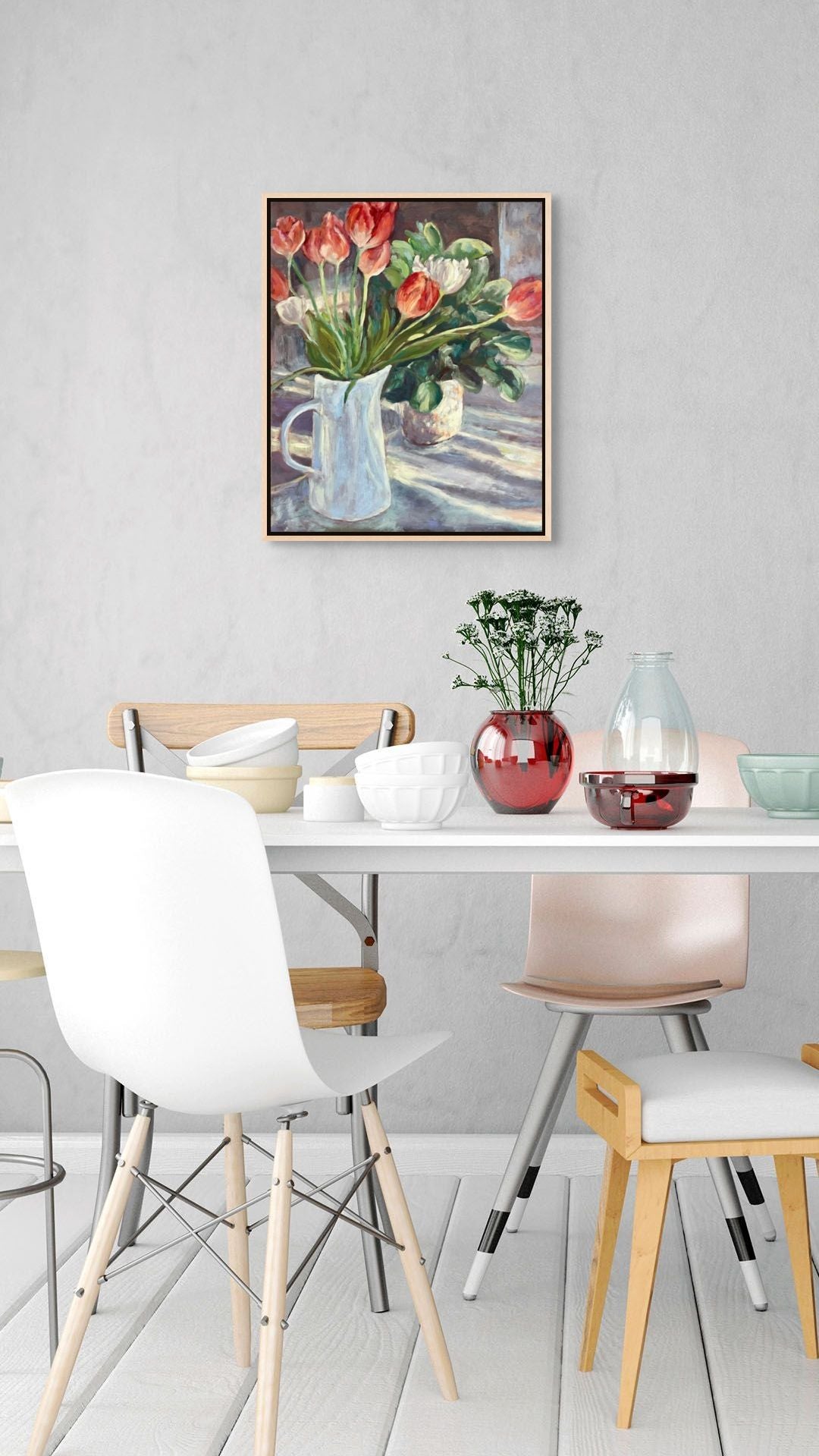 "Sunlit Tulips original still life oil painting in a modern dining room, by Sally Herriott"