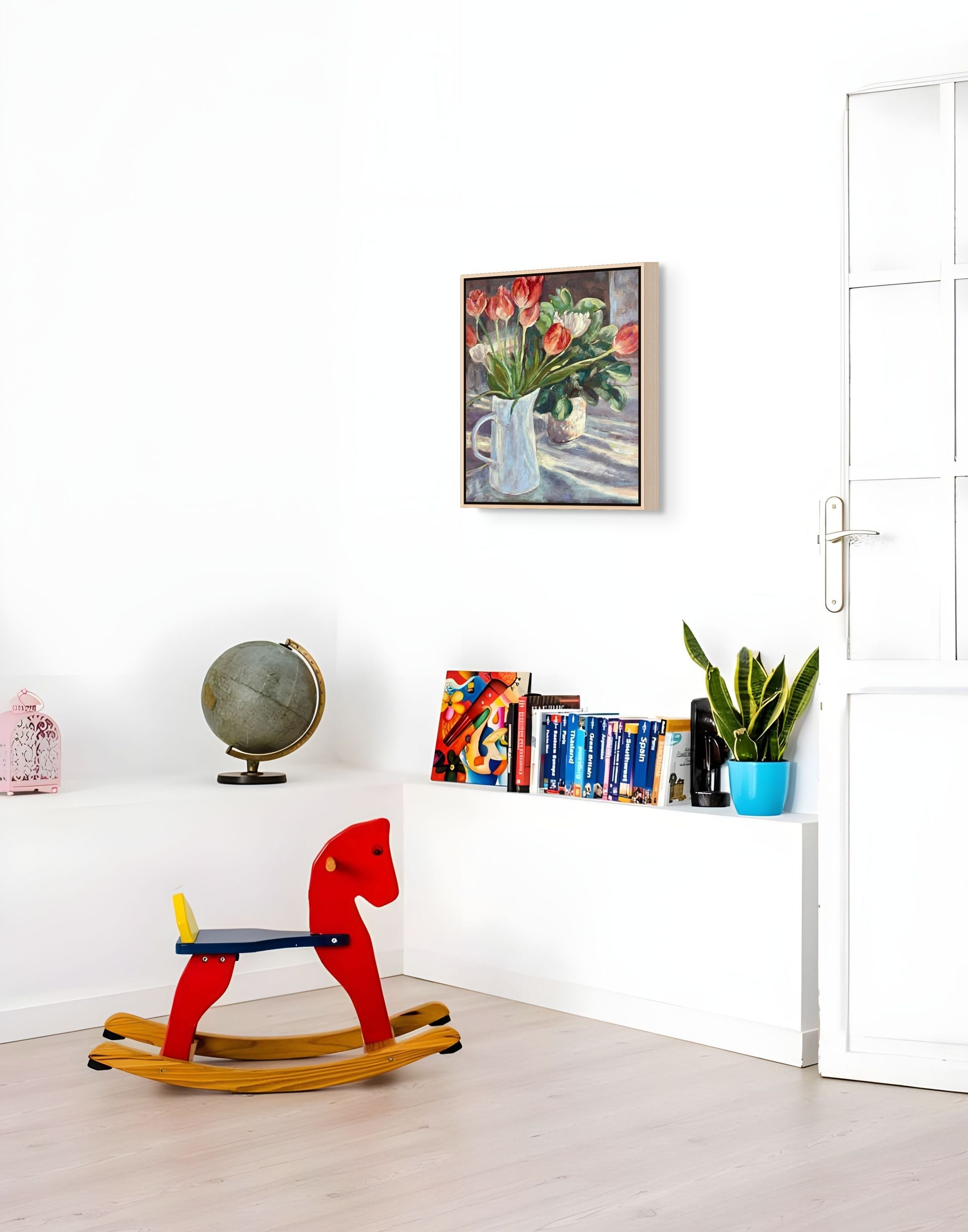 "Sunlit Tulips original still life oil painting displayed with a modern red rocking horse, by Sally Herriott"