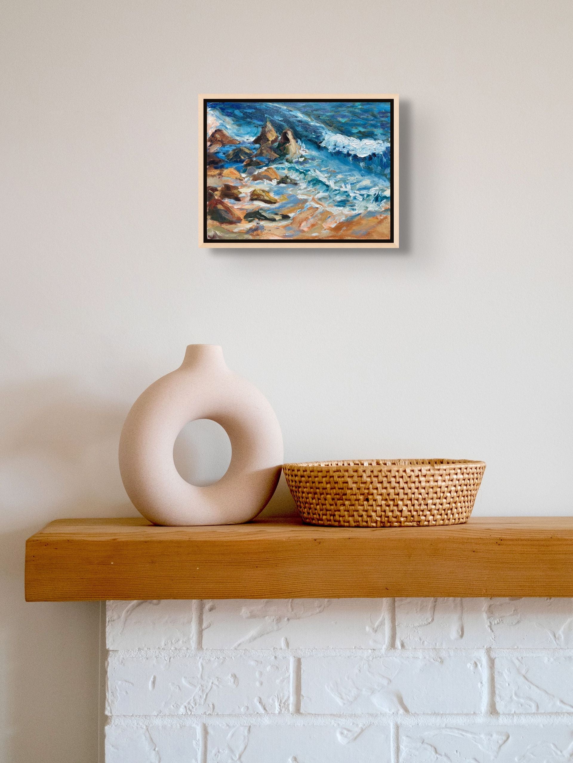 "Swell Waves original oil painting above a shelf, by Sally Herriott"