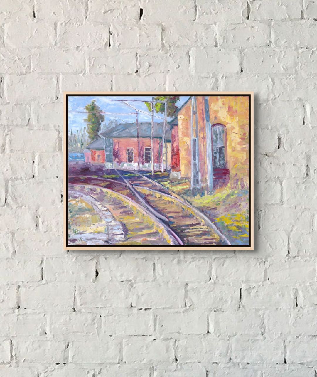 "Technicolor Tracks original oil painting on a brick wall, by Sally Herriott"