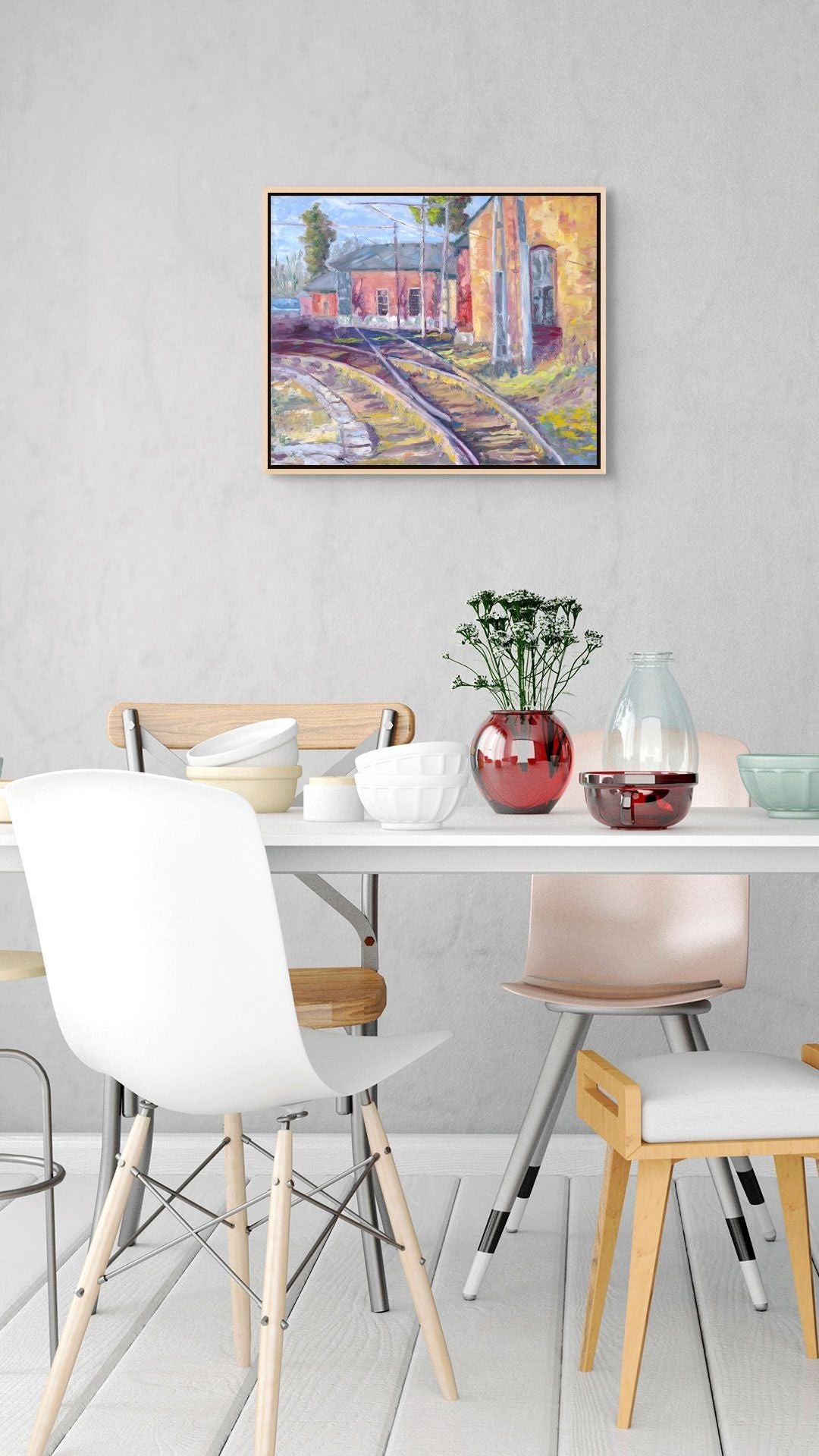 "Technicolor Tracks original oil painting in a modern dining room, by Sally Herriott"
