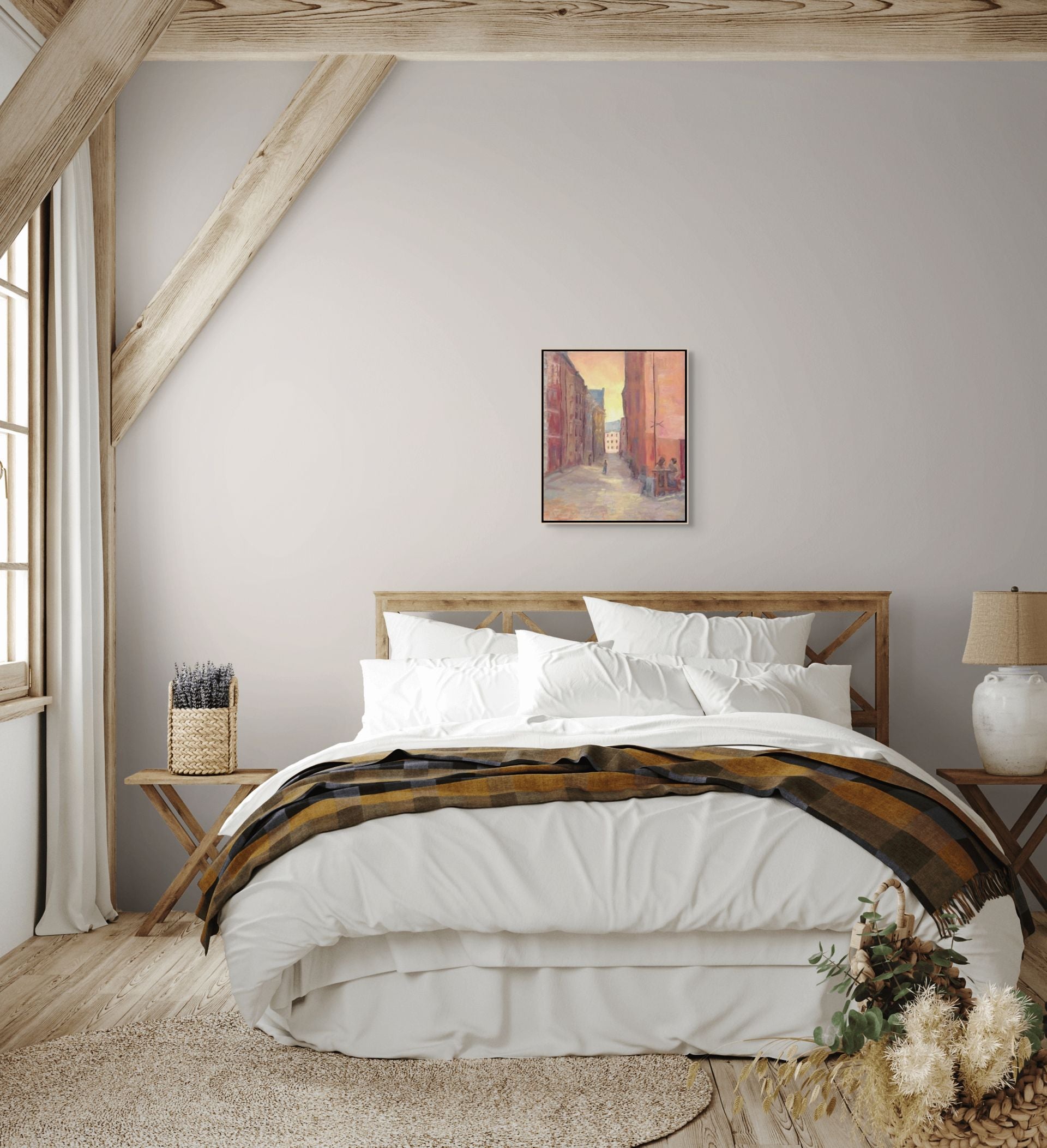 "Terracotta Serenade original oil painting in a bedroom, by Sally Herriott"
