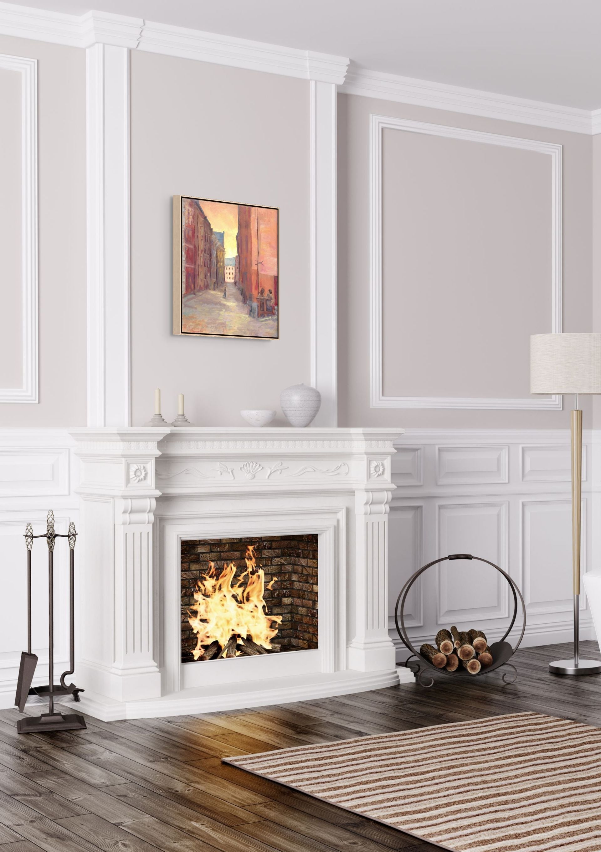 "Terracotta Serenade original oil painting above a classic fireplace, by Sally Herriott"