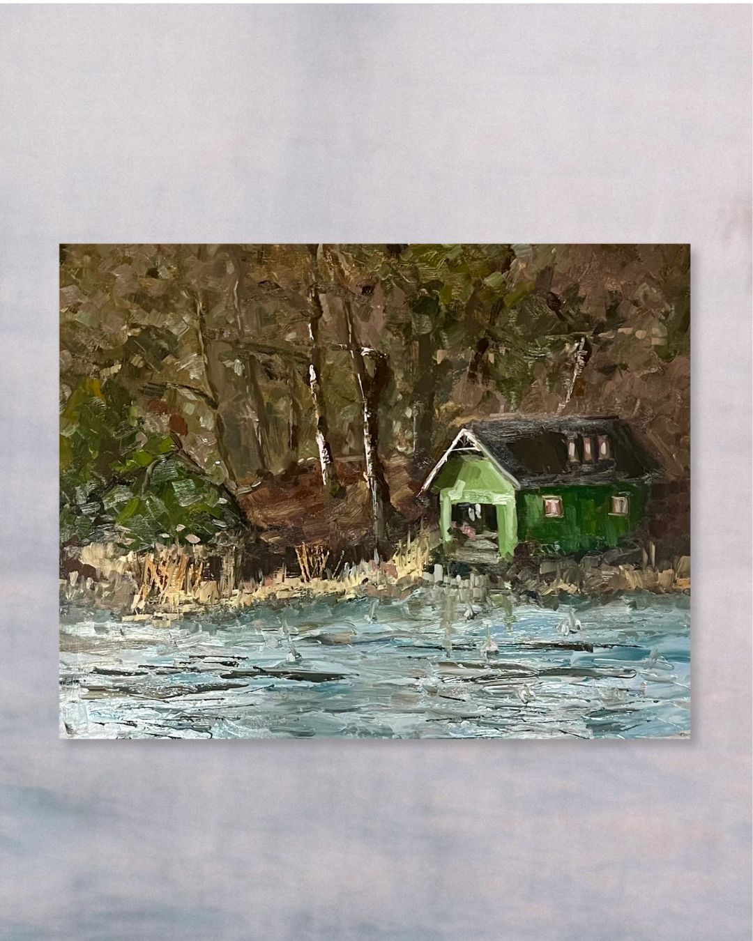 "Green Boat Shed original oil painting, green wooden boathouse, Saltsjöbaden Sweden, by Sally Herriott"