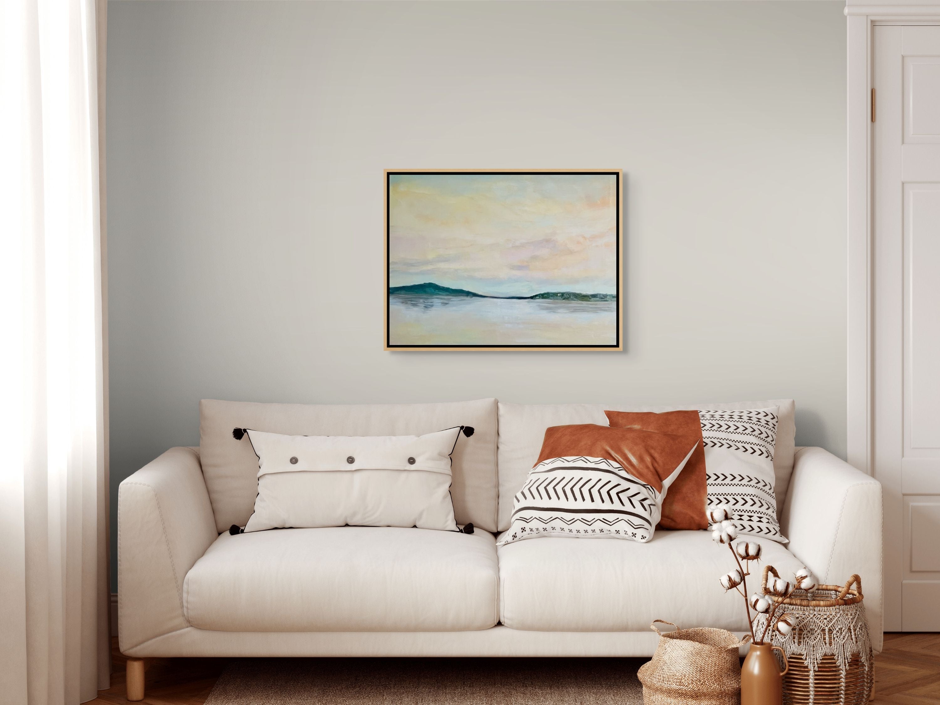 "Tranquil Reflections original oil painting above a beige sofa, by Sally Herriott"
