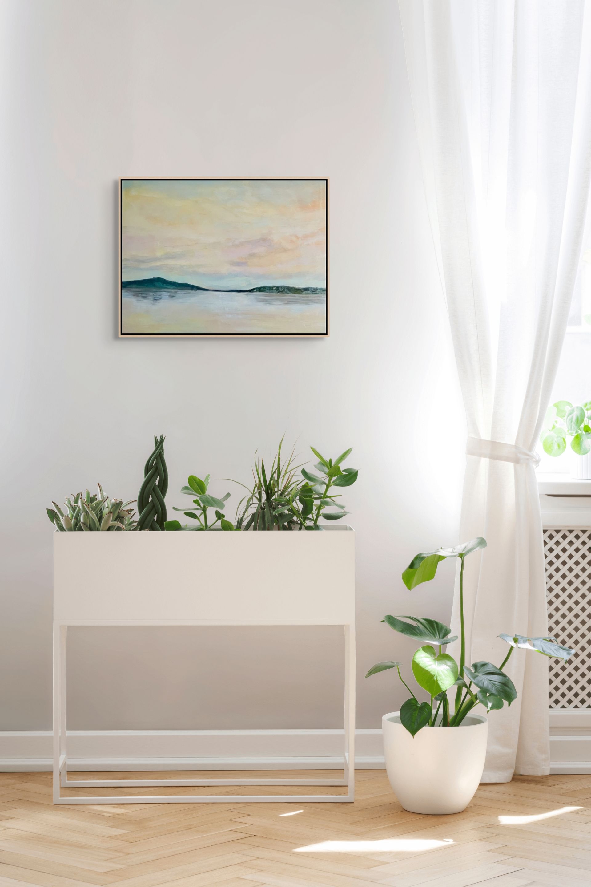 "Tranquil Reflections original oil painting displayed with indoor plants, by Sally Herriott"