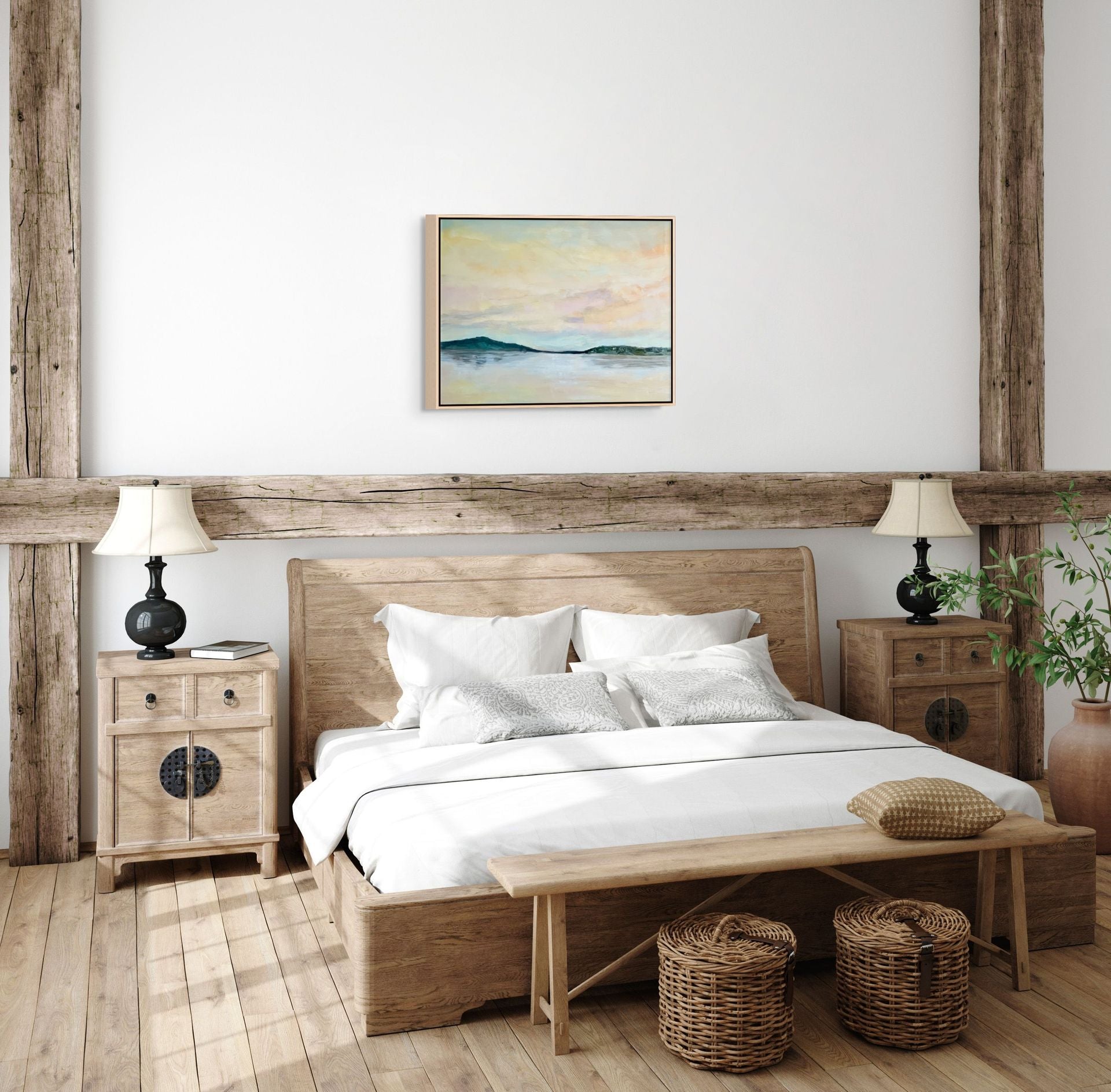 "Tranquil Reflections original oil painting in a serene bedroom, by Sally Herriott"