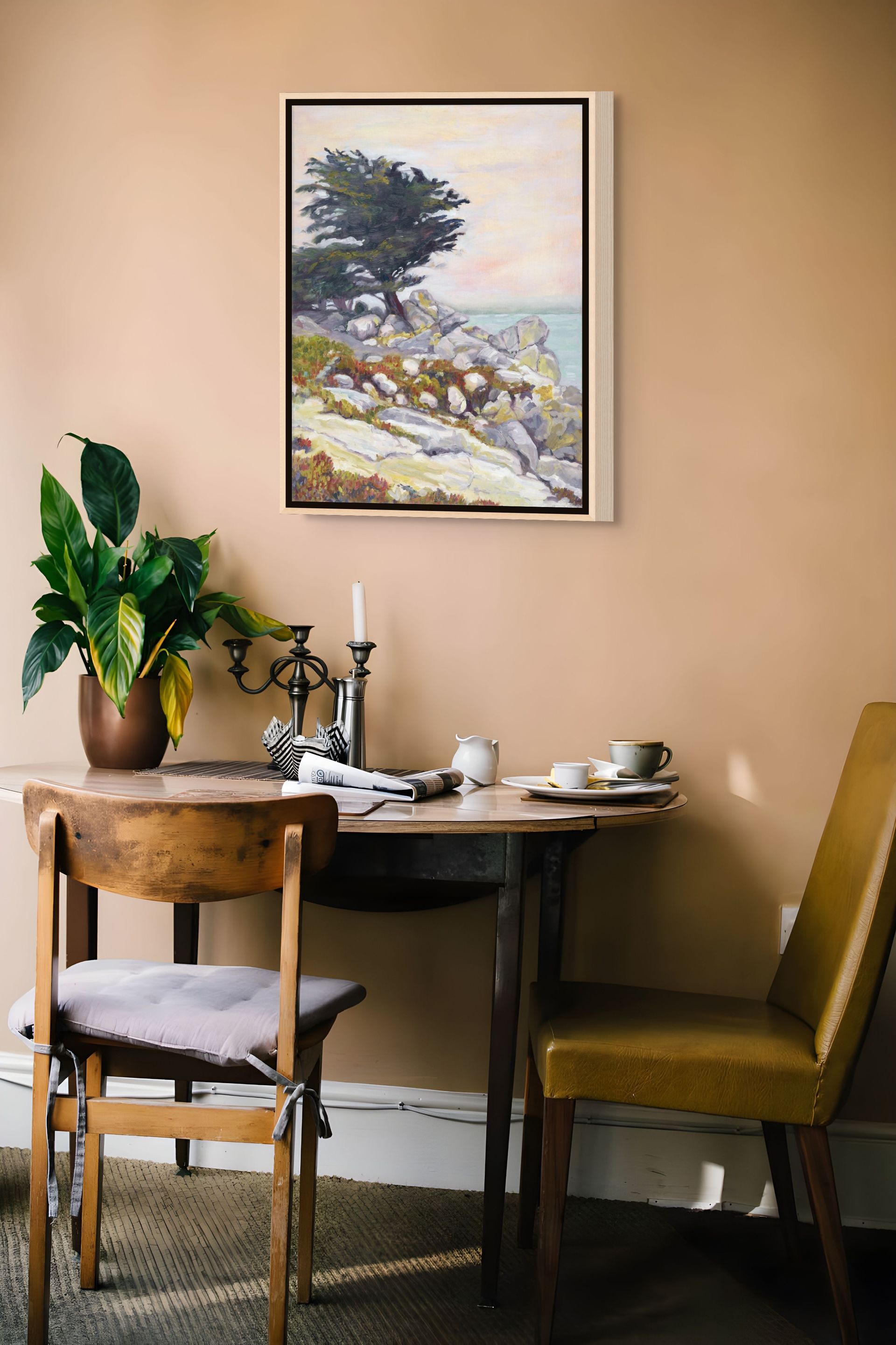 "Under a Winter's Sky original oil painting in a breakfast nook, by Sally Herriott"