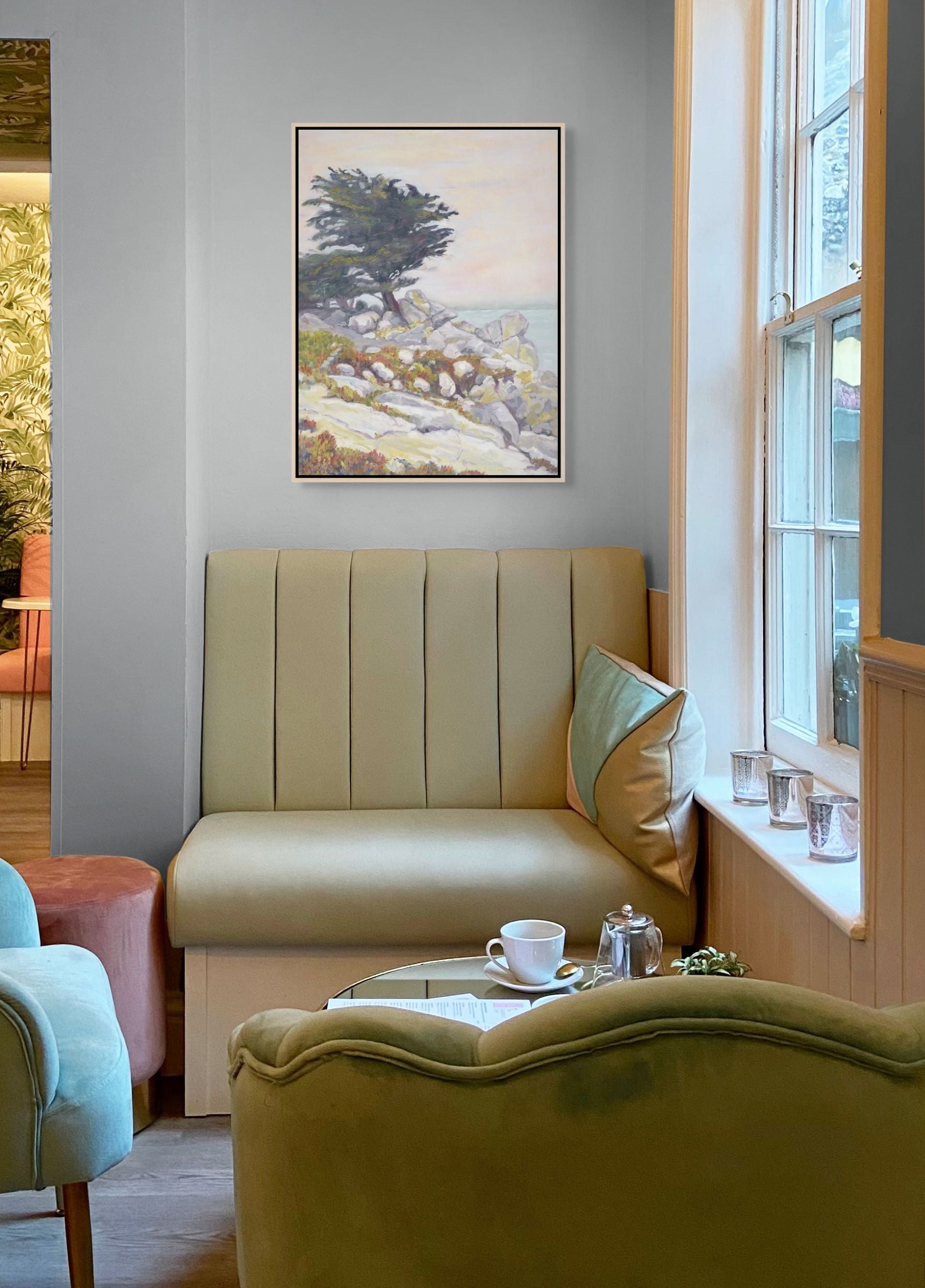 "Under a Winter's Sky original oil painting in a cosy tea corner, by Sally Herriott"